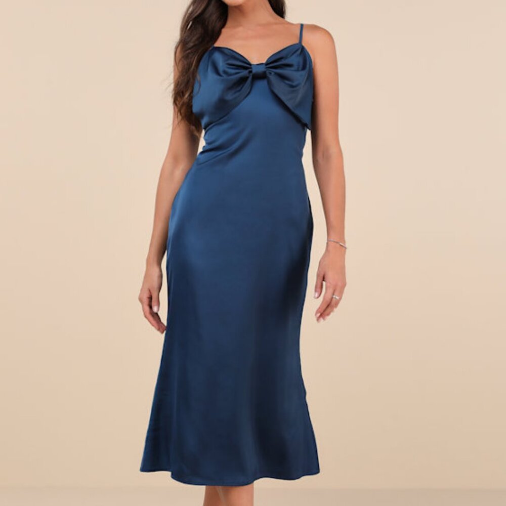 Lulus Extravagantly Sleek Navy Blue Satin Sleeveless Bow Midi Dress - Size L